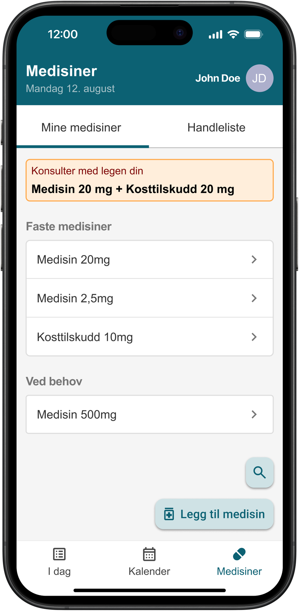 Skjermbilde av medisinliste